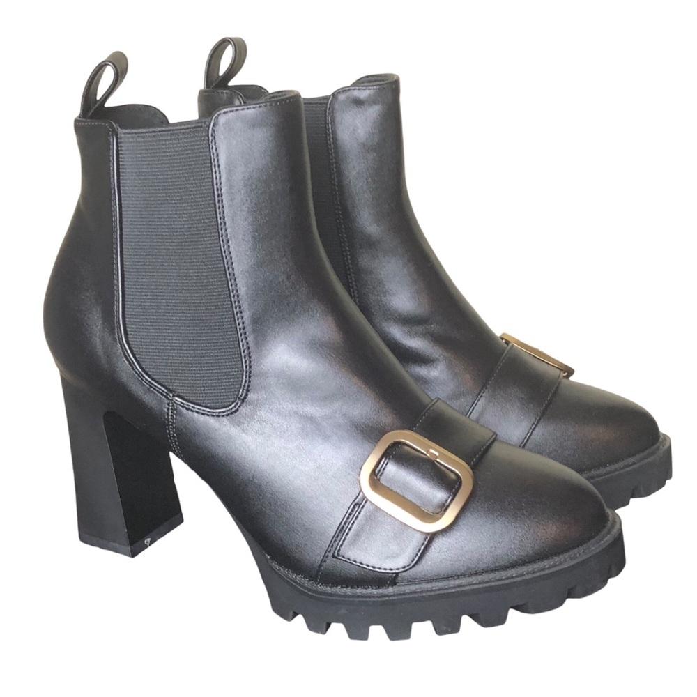 Black Leather Platform Ankle Boot Lug Sole High Heel Chelsea Wonens Size 10 NEW